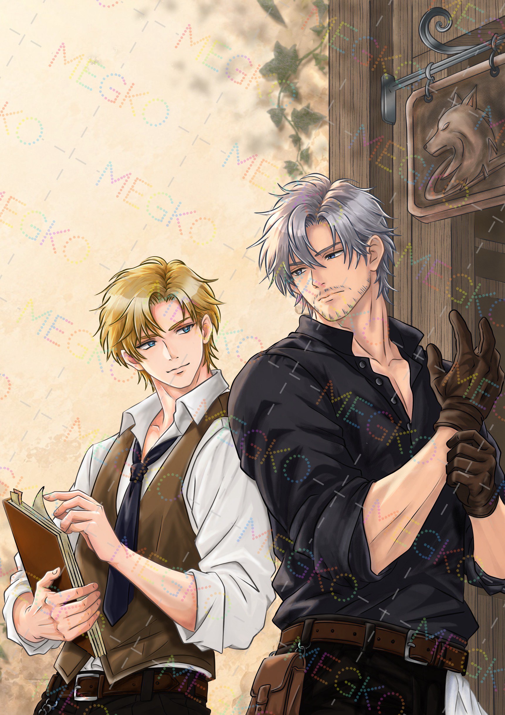 本を持つ青年と手袋を着けた男性の背中合わせのイラスト